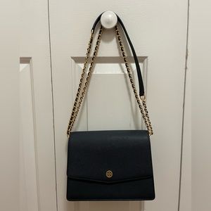 Tory Burch Emerson Flap Adjustable Shoulder Bag in Navy w/ Gold Hardware